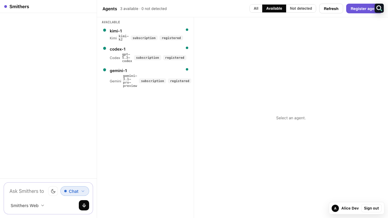 Agent registry showing Codex, Gemini and Kimi