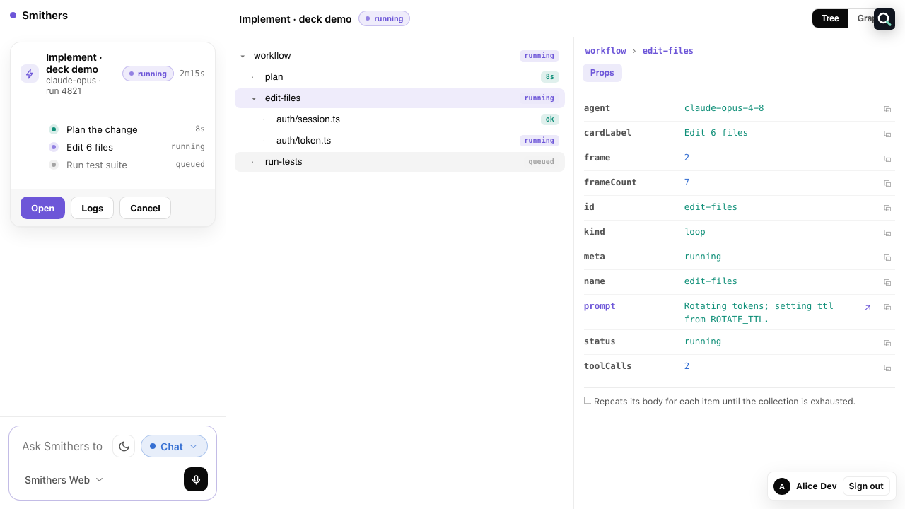 Run inspector with a live tree and a node props panel
