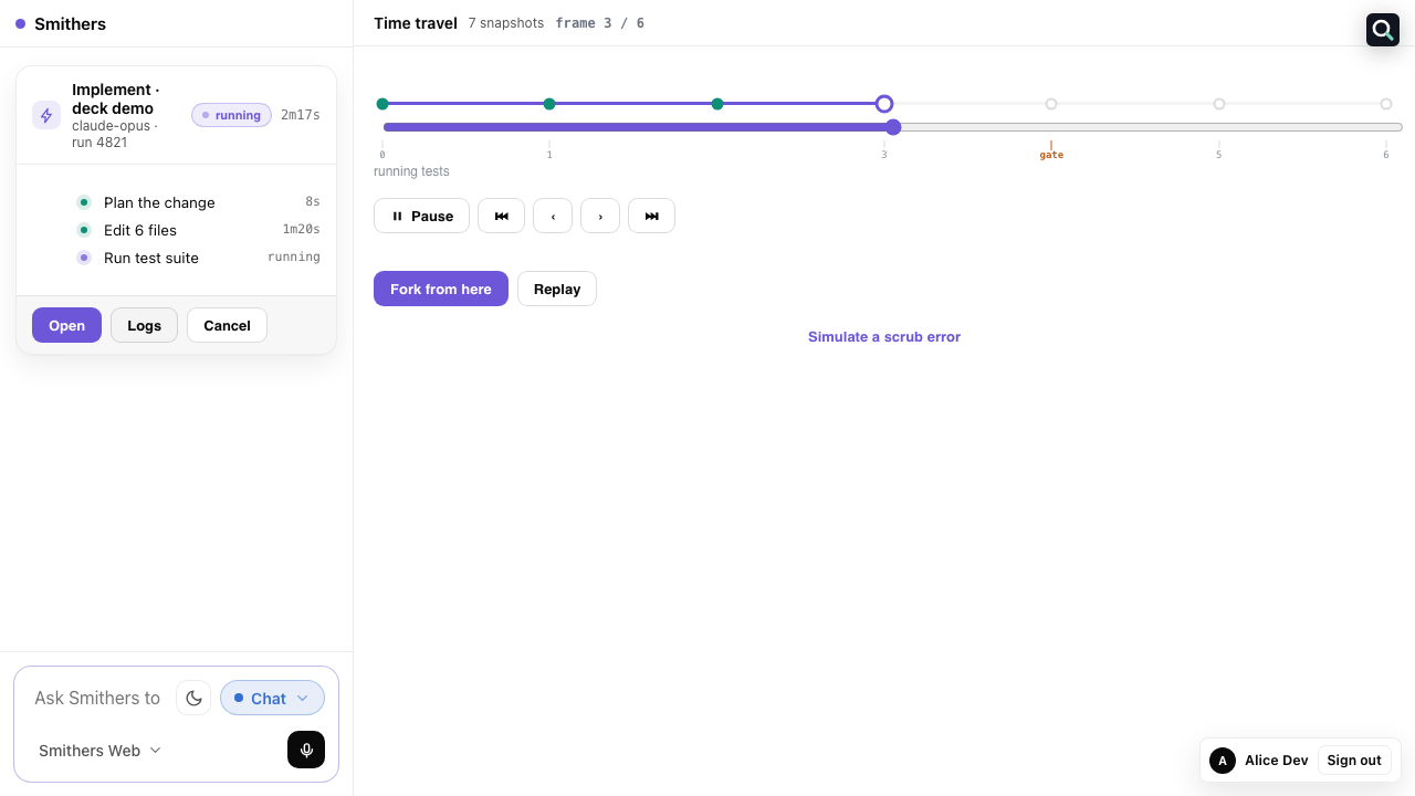 Time-travel scrubber with replay and fork controls